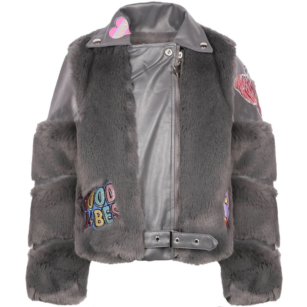 Lola + The Boys Grey Faux Fur Patch Moto